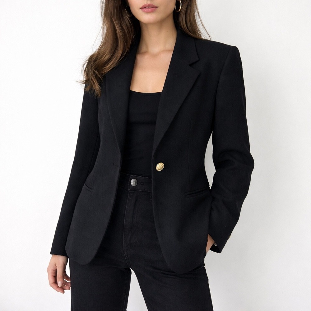 VTG 90s‎ Sag Harbor Black Wool Blazer Crest Button Power Jacket Size 10